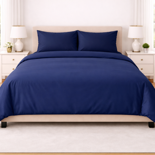 Poly Cotton Duvet Cover Set With Pillow Cases - Navy Blue
