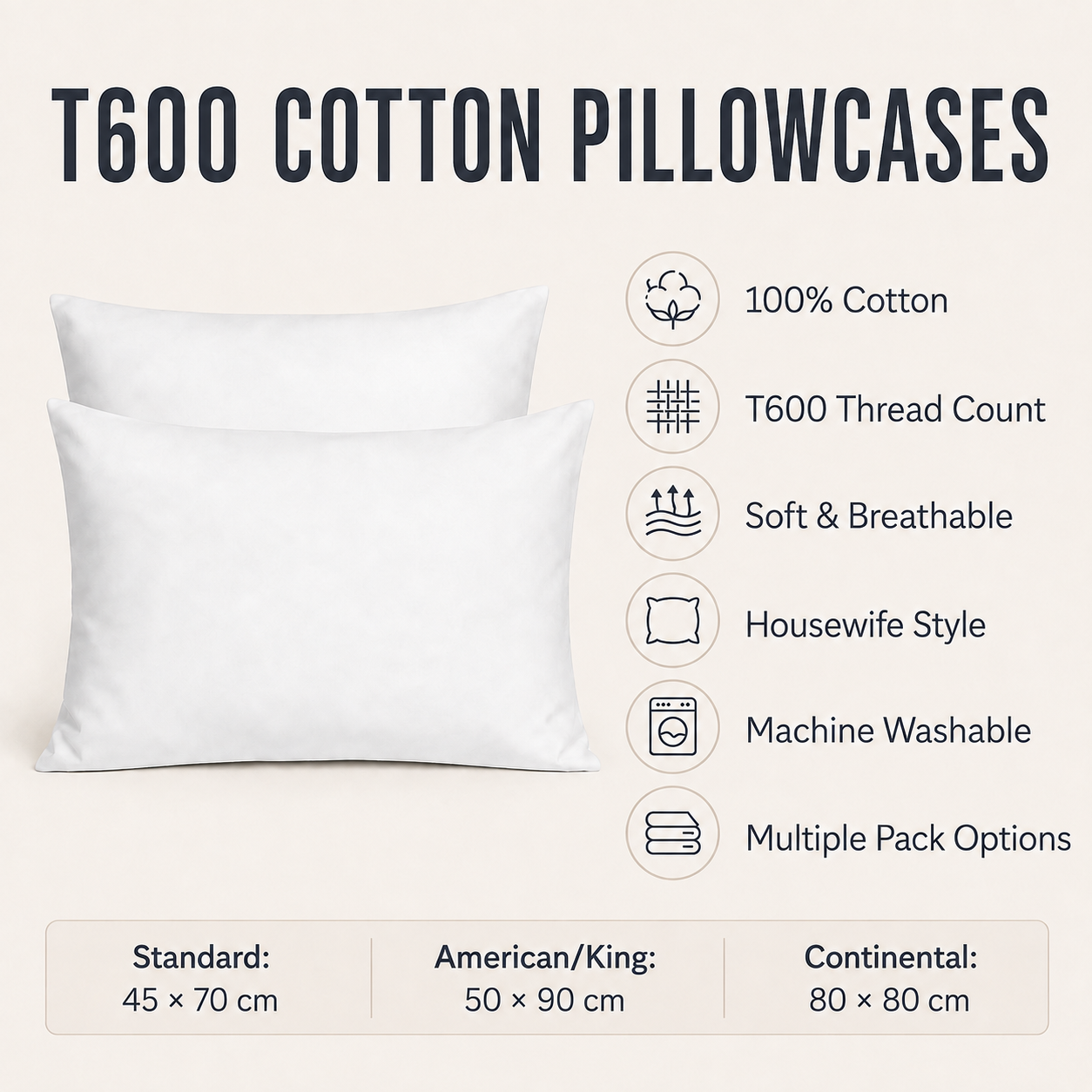 100% Cotton 600 Thread Count Pillow Case