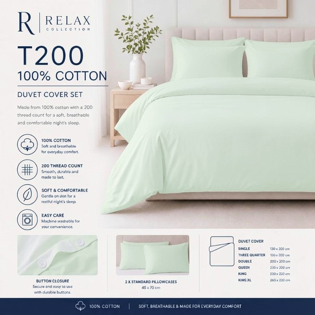 100 % Cotton Percale 200 Thread Count Duvet Cover - Duck Egg