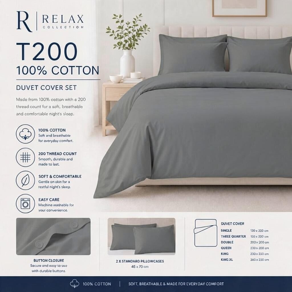 100 % Cotton Percale 200 Thread Count Duvet cover set with pillow-cases Grey